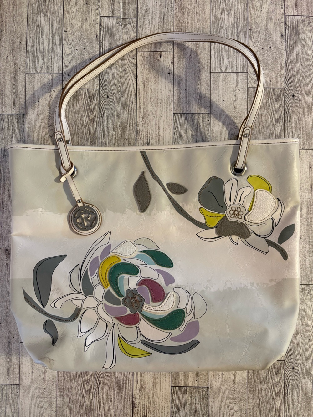 Relic Cream Tote with Multicolor Floral Appliqué